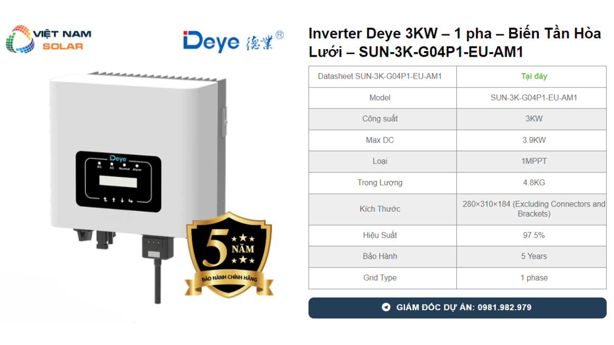 Inverter Deye 3KW – 1 pha – Bien Tan Hoa Luoi – SUN 3K G04P1 EU AM1