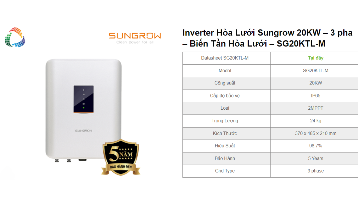 Inverter Hòa Lưới Sungrow 20KW - 3 pha - Biến Tần Hòa Lưới - SG20KTL-M 1 Inverter Hoa Luoi Sungrow 20KW – 3 pha – Bien Tan Hoa Luoi – SG20KTL M