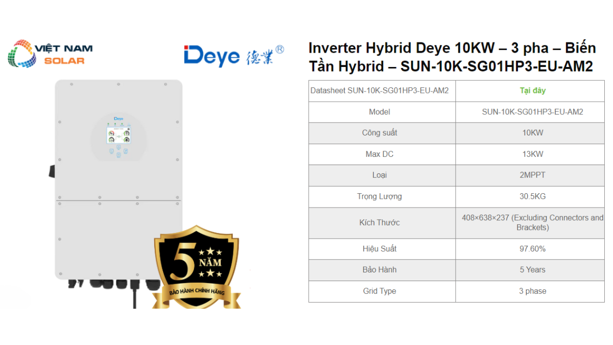 Inverter Hybrid Deye 10KW – 3 pha – Bien Tan Hybrid – SUN 10K SG01HP3 EU AM2