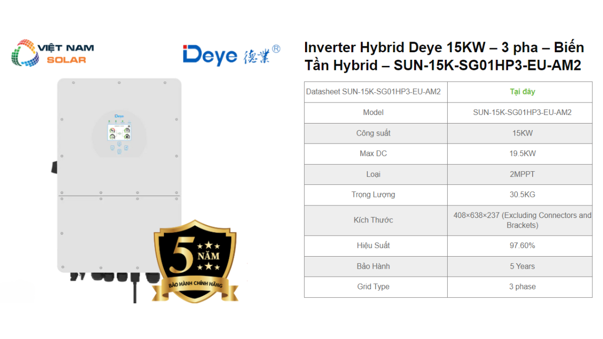 Inverter Hybrid Deye 15KW – 3 pha – Bien Tan Hybrid – SUN 15K SG01HP3 EU AM2