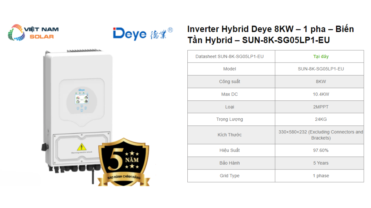 Inverter Hybrid Deye 8KW – 1 pha – Bien Tan Hybrid – SUN 8K SG05LP1 EU