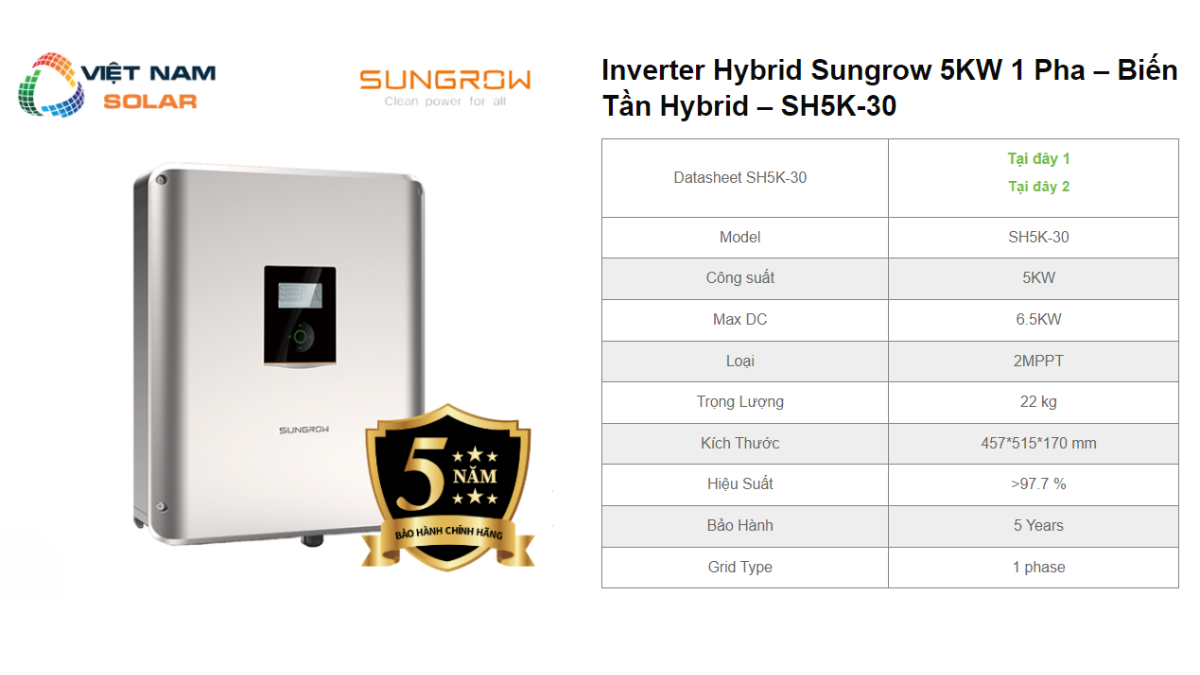 Inverter Hybrid Sungrow 5KW 1 Pha – Bien Tan Hybrid – SH5K 30