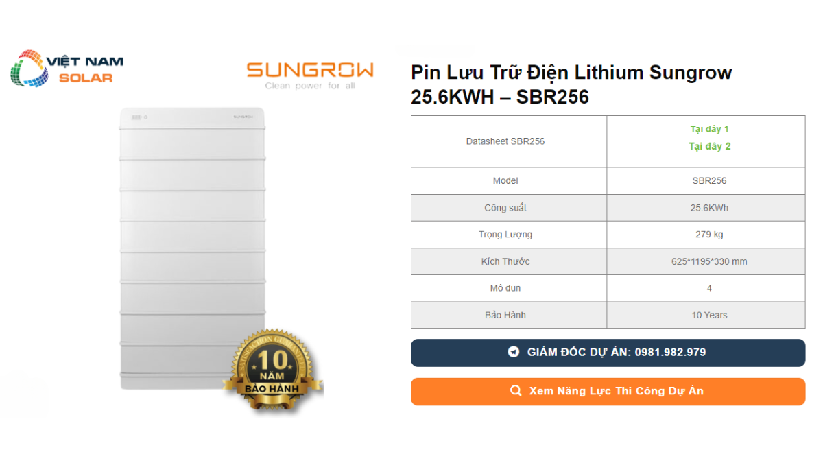 Pin Luu Tru Dien Lithium Sungrow 25.6KWH – SBR256