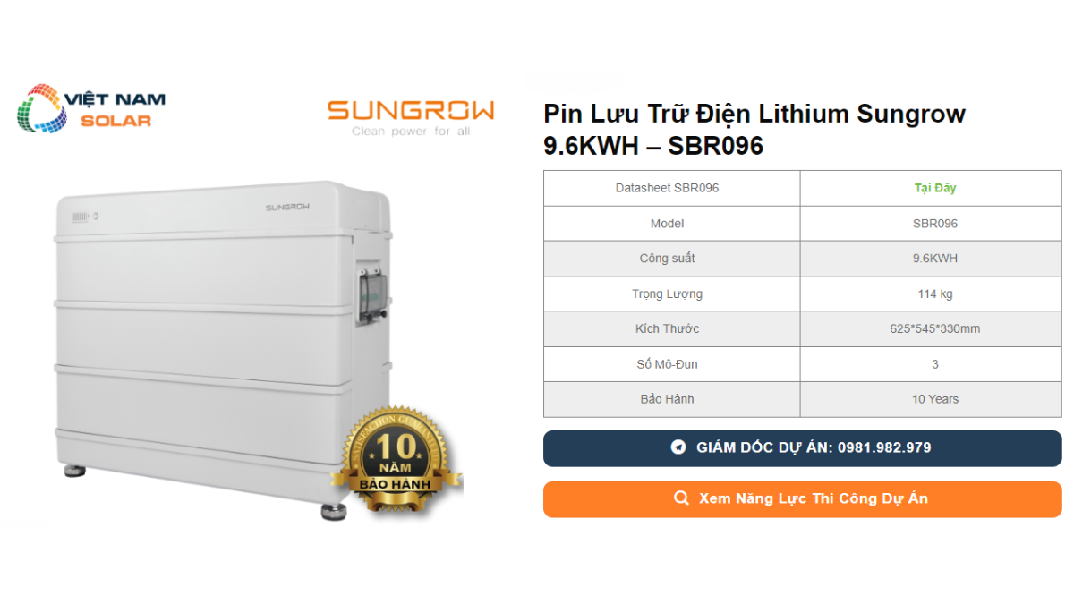 Pin Luu Tru Dien Lithium Sungrow 9.6KWH – SBR096