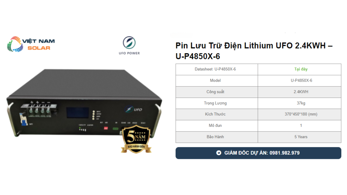 Pin Lưu Trữ Điện Lithium UFO 2.4KWH - U-P4850X-6 1 Pin Luu Tru Dien Lithium UFO 2.4KWH – U P4850X 6