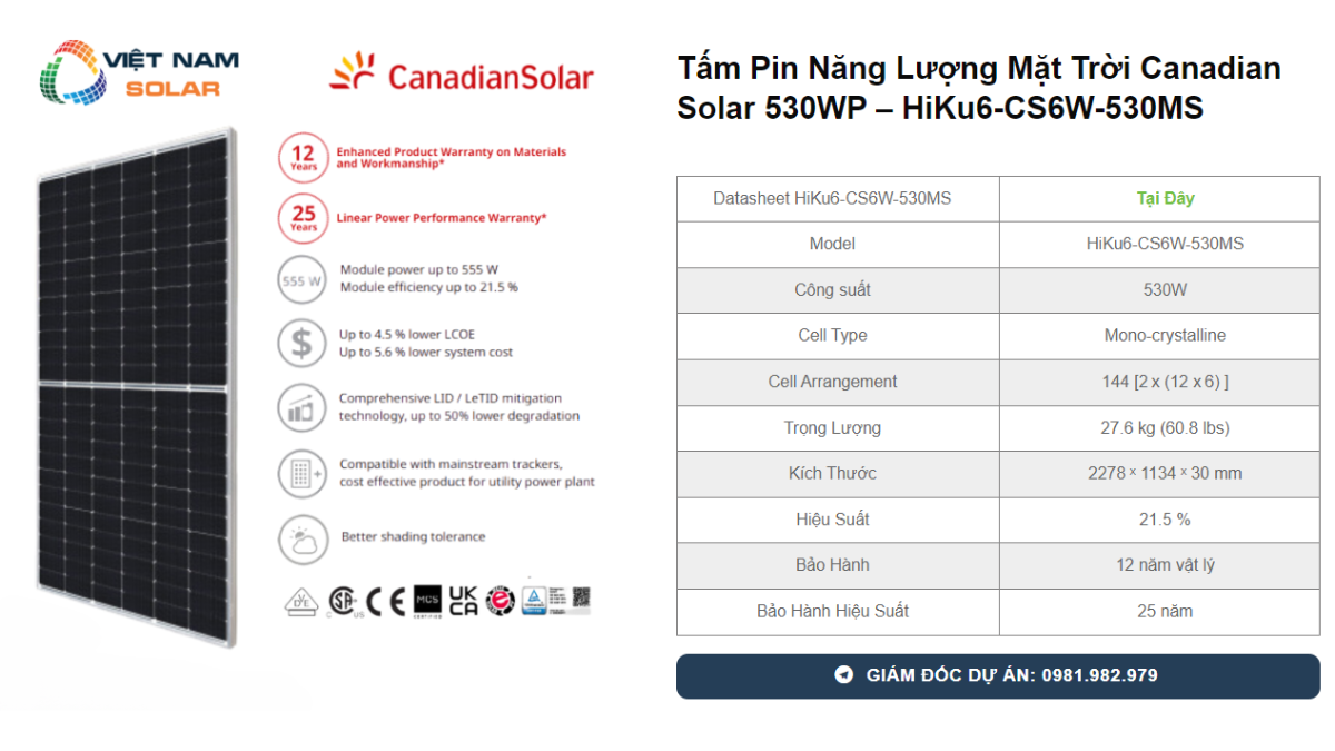Tam Pin Nang Luong Mat Troi Canadian Solar 530WP – HiKu6 CS6W 530MS