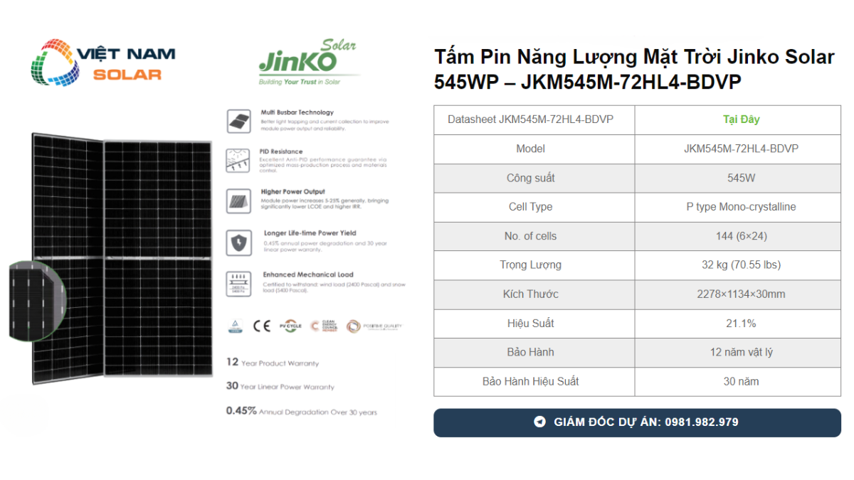 Tấm Pin Năng Lượng Mặt Trời Jinko Solar 545WP - JKM545M-72HL4-BDVP 1 Tam Pin Nang Luong Mat Troi Jinko Solar 545WP JKM545M 72HL4 BDVP