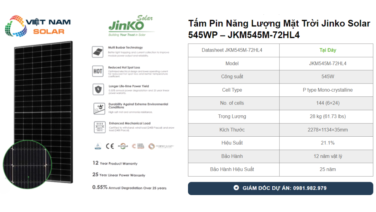 Tam Pin Nang Luong Mat Troi Jinko Solar 545WP – JKM545M 72HL4
