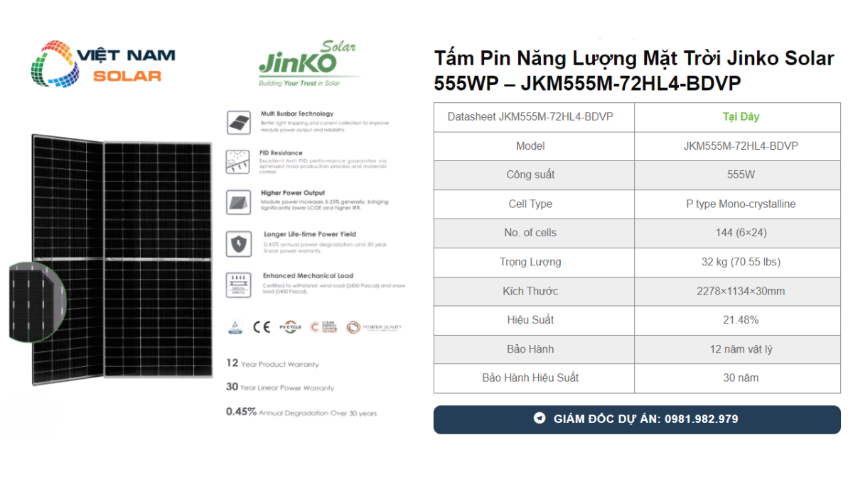 Tấm Pin Năng Lượng Mặt Trời Jinko Solar 555WP - JKM555M-72HL4-BDVP 1 Tam Pin Nang Luong Mat Troi Jinko Solar 555WP – JKM555M 72HL4 BDVP