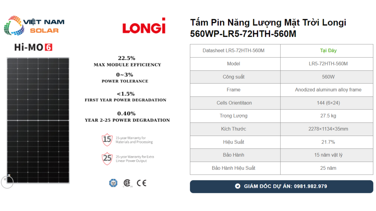 Tam Pin Nang Luong Mat Troi Longi 560WP LR5 72HTH 560M