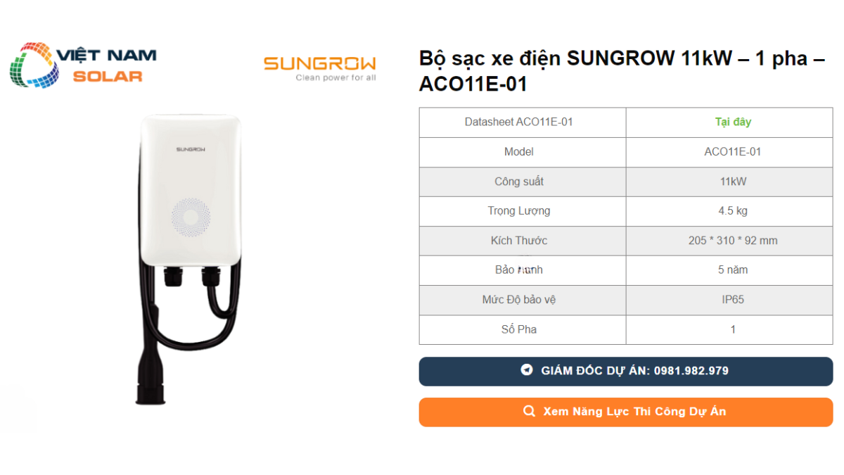 Bo sac xe dien SUNGROW 11kW – 1 pha – ACO11E 01