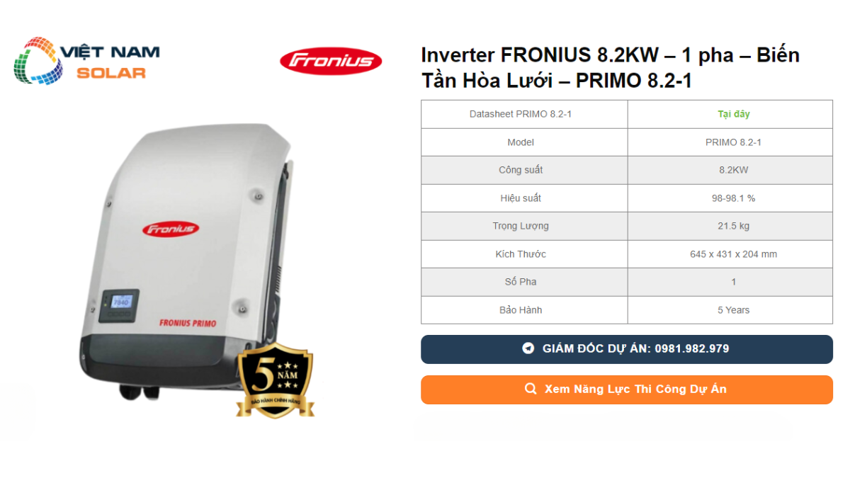Inverter FRONIUS 8.2KW – 1 pha – Bien Tan Hoa Luoi – PRIMO 8.2 1