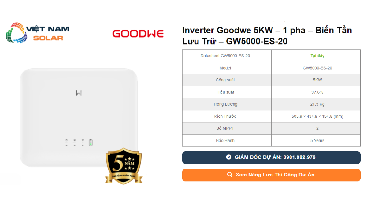 Inverter Goodwe 5KW – 1 pha – Bien Tan Luu Tru – GW5000 ES 20 1