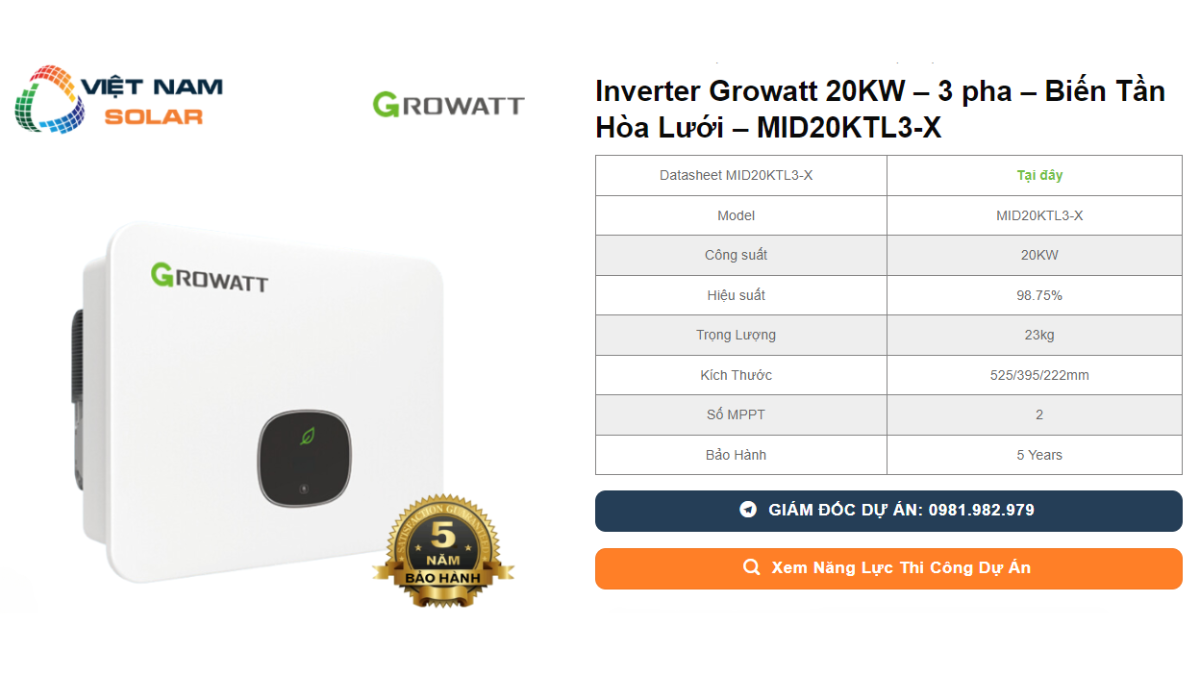 Inverter Growatt 20KW – 3 pha – Bien Tan Hoa Luoi – MID20KTL3 X