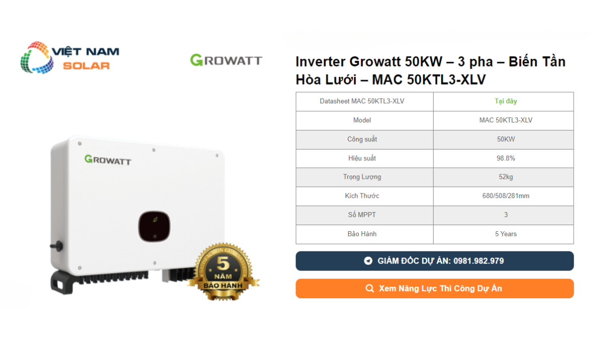 Inverter Growatt 50KW – 3 pha – Bien Tan Hoa Luoi – MAC 50KTL3 XLV