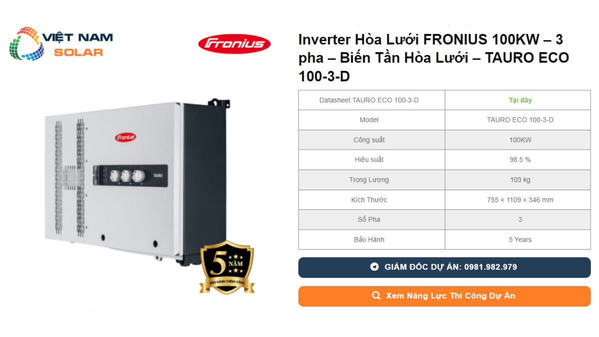 Inverter Hoa Luoi FRONIUS 100KW – 3 pha – Bien Tan Hoa Luoi – TAURO ECO 100 3 D