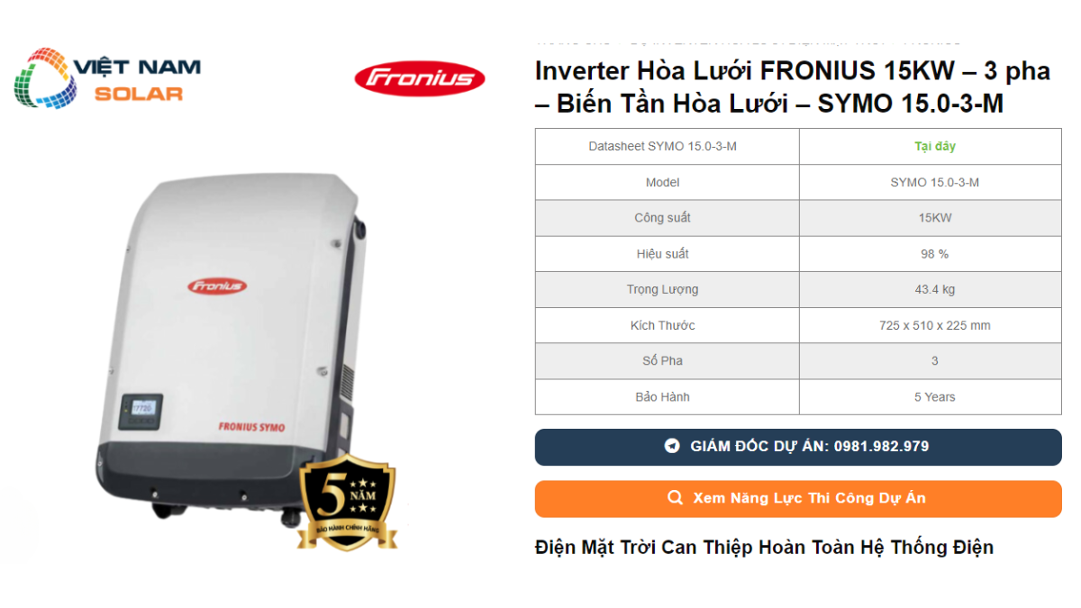 Inverter Hoa Luoi FRONIUS 15KW – 3 pha – Bien Tan Hoa Luoi – SYMO 15.0 3 M