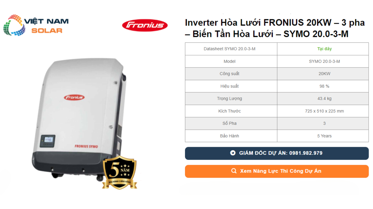 Inverter Hoa Luoi FRONIUS 20KW – 3 pha – Bien Tan Hoa Luoi – SYMO 20.0 3 M
