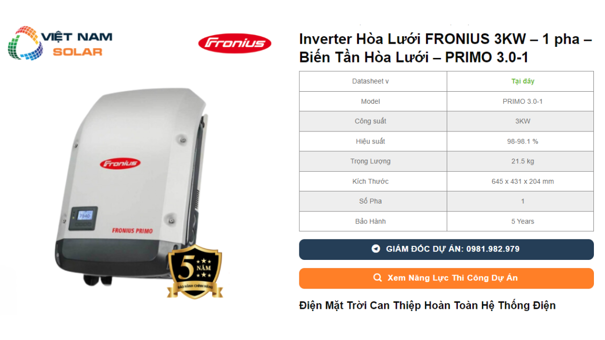 Inverter Hoa Luoi FRONIUS 3KW – 1 pha – Bien Tan Hoa Luoi – PRIMO 3.0 1