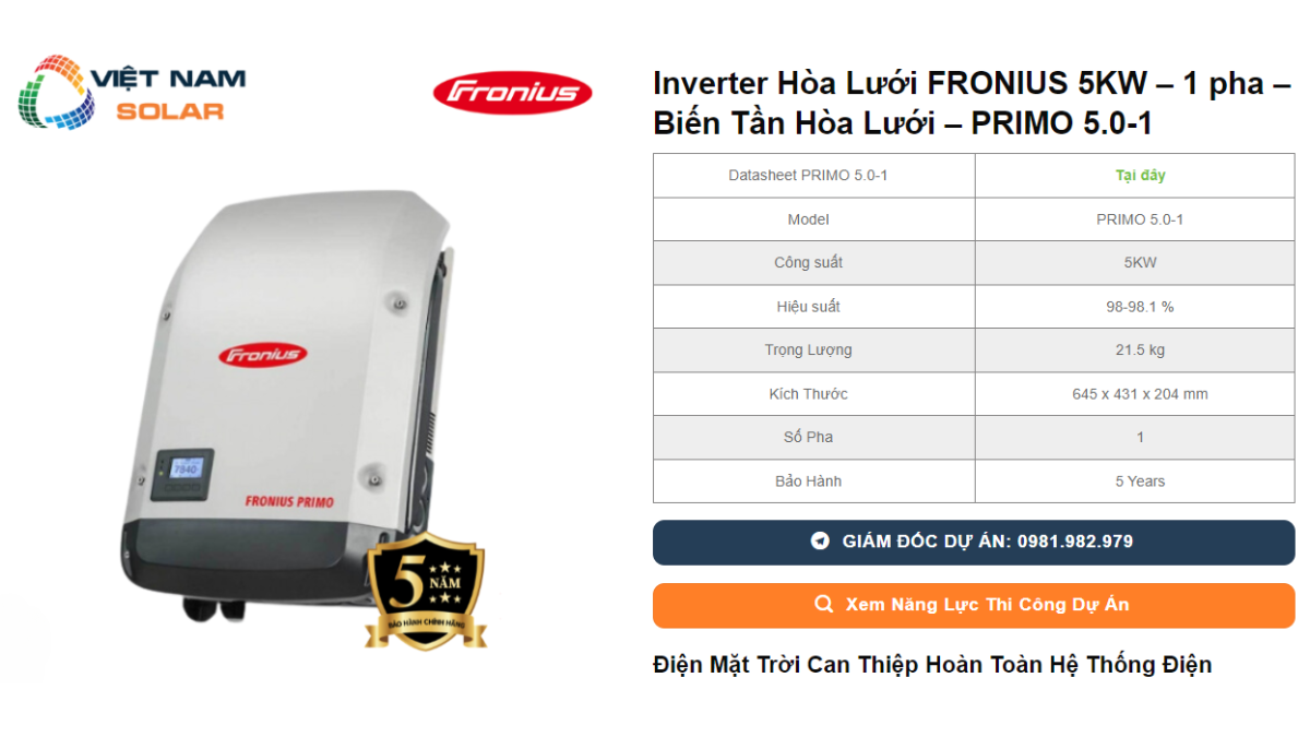Inverter Hoa Luoi FRONIUS 5KW – 1 pha – Bien Tan Hoa Luoi – PRIMO 5.0 1