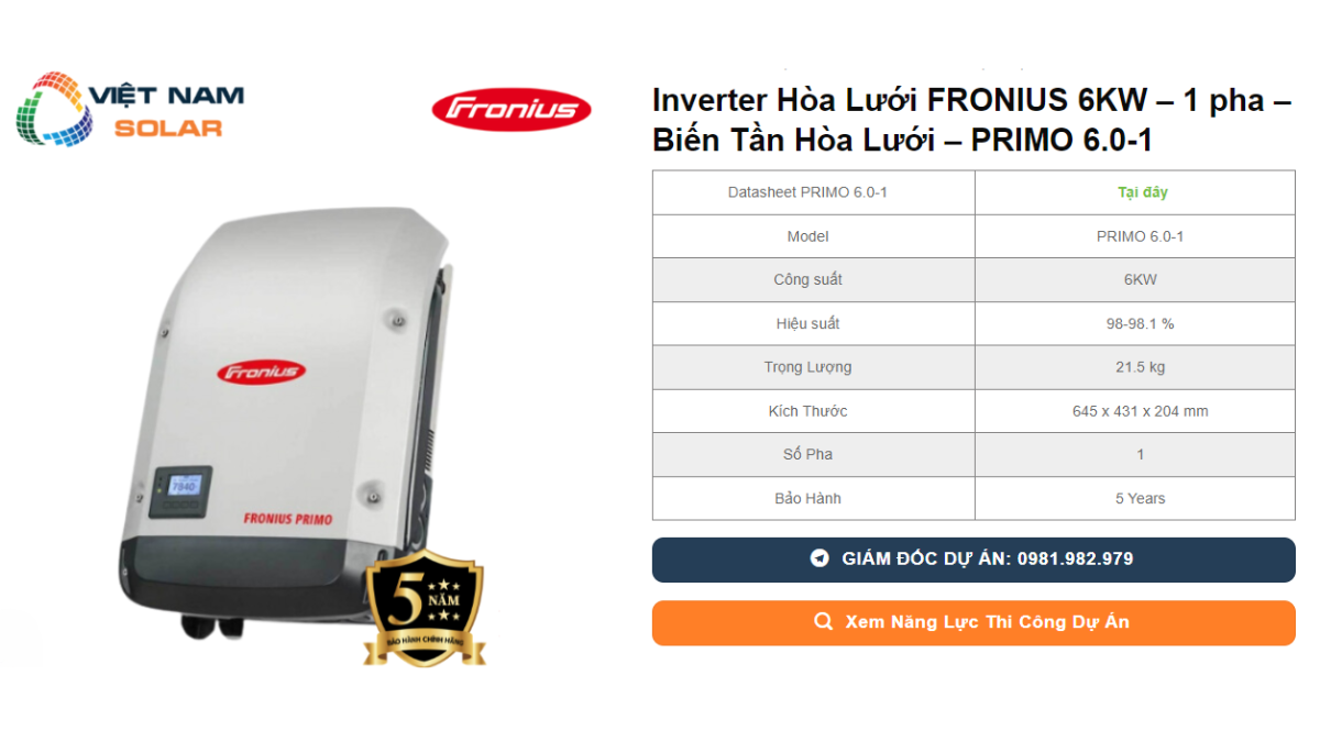 Inverter Hoa Luoi FRONIUS 6KW – 1 pha – Bien Tan Hoa Luoi – PRIMO 6.0 1