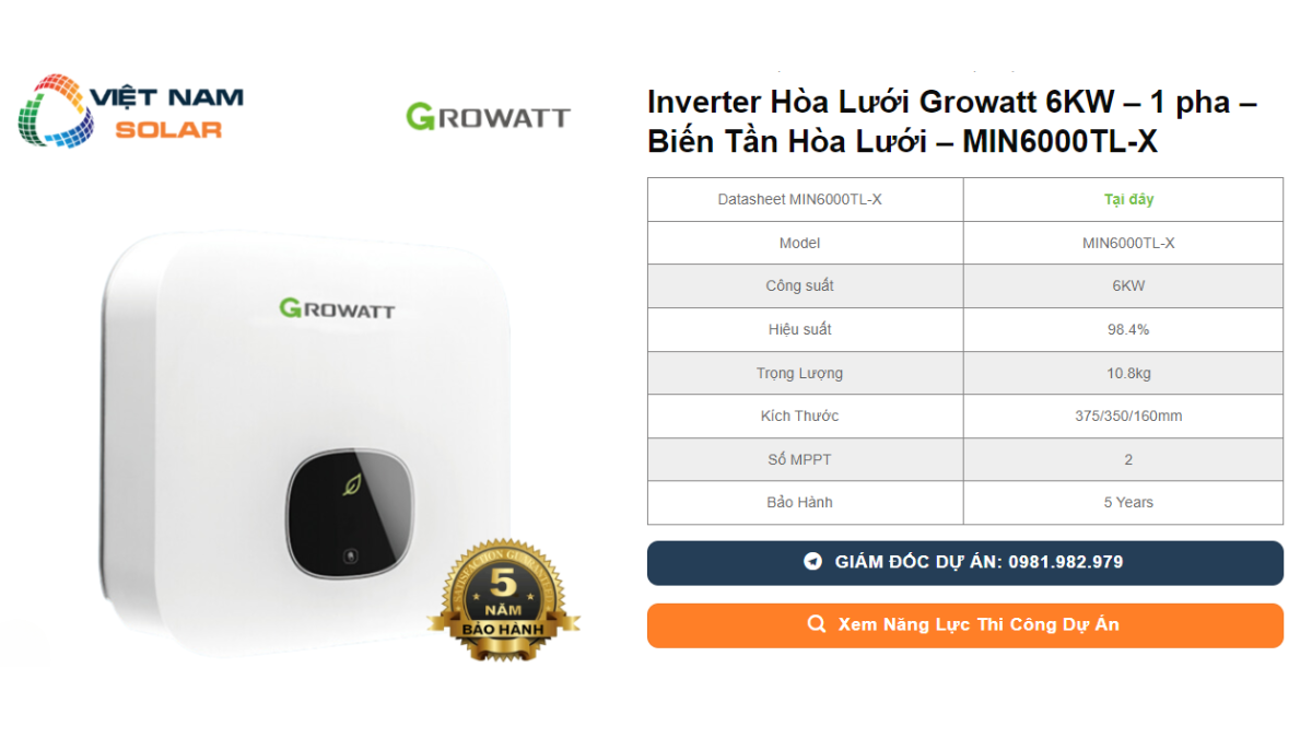Inverter Hoa Luoi Growatt 6KW – 1 pha – Bien Tan Hoa Luoi – MIN6000TL X