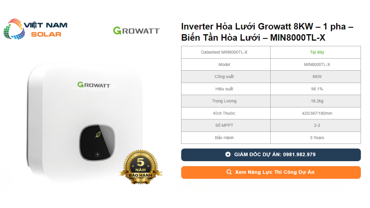 Inverter Hoa Luoi Growatt 8KW – 1 pha – Bien Tan Hoa Luoi – MIN8000TL X