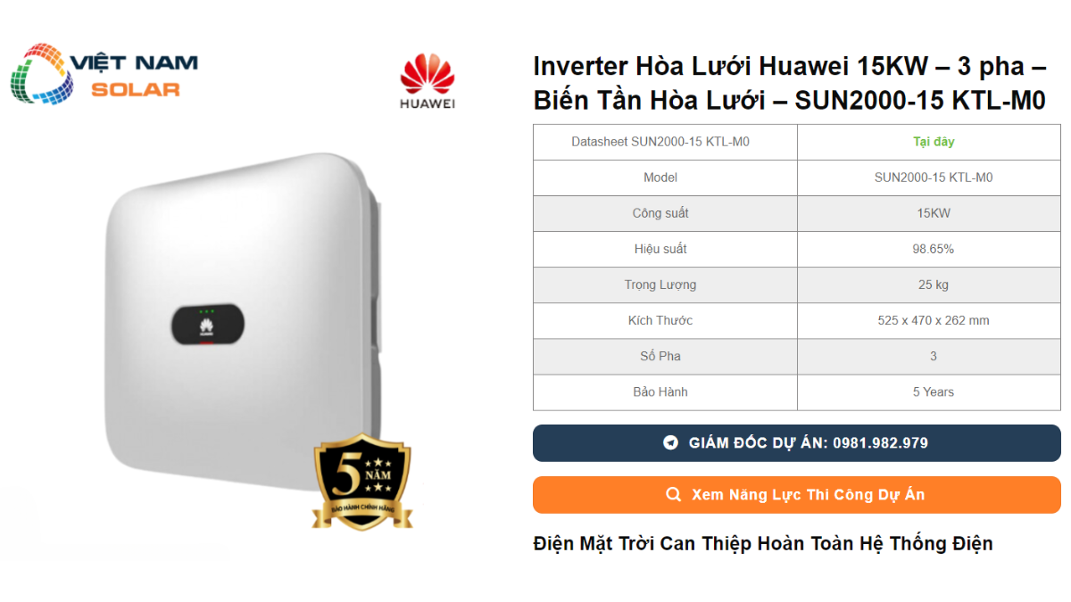 Inverter Hoa Luoi Huawei 15KW – 3 pha – Bien Tan Hoa Luoi – SUN2000 15 KTL M0