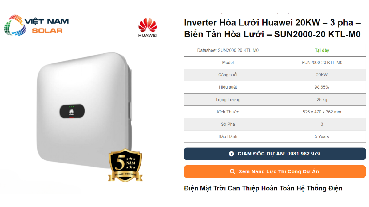 Inverter Hoa Luoi Huawei 20KW – 3 pha – Bien Tan Hoa Luoi – SUN2000 20 KTL M0