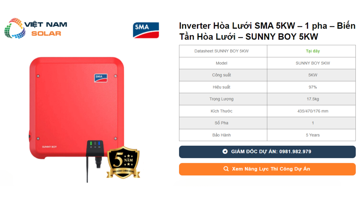 Inverter Hoa Luoi SMA 5KW – 1 pha – Bien Tan Hoa Luoi – SUNNY BOY 5KW