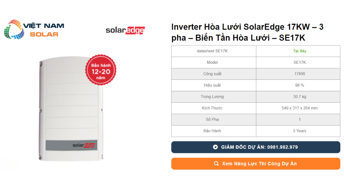 Inverter Hoa Luoi SolarEdge 17KW – 3 pha – Bien Tan Hoa Luoi – SE17K
