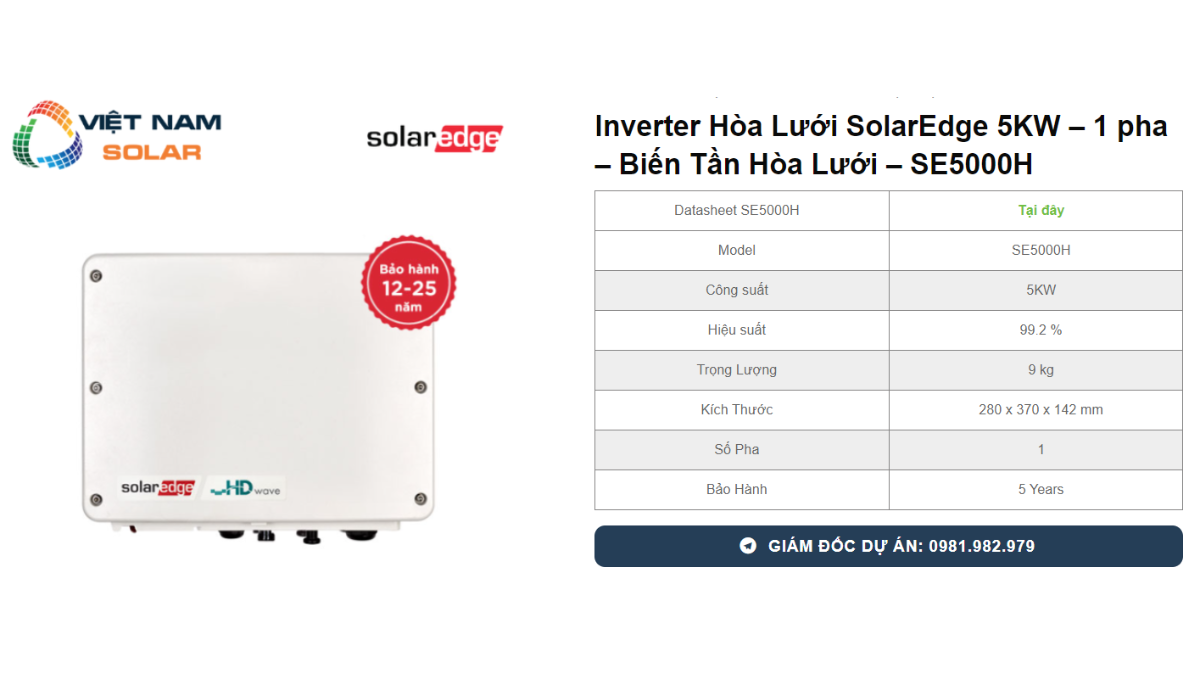 Inverter Hòa Lưới SolarEdge 5KW – 1 pha – Biến Tần Hòa Lưới – SE5000H 1 Inverter Hoa Luoi SolarEdge 5KW – 1 pha – Bien Tan Hoa Luoi – SE5000H