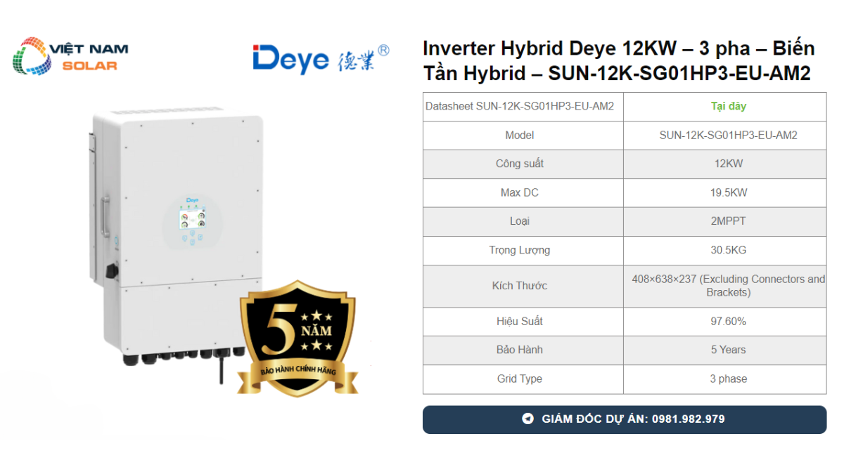 Inverter Hybrid Deye 12KW – 3 pha – Bien Tan Hybrid – SUN 12K SG01HP3 EU AM2