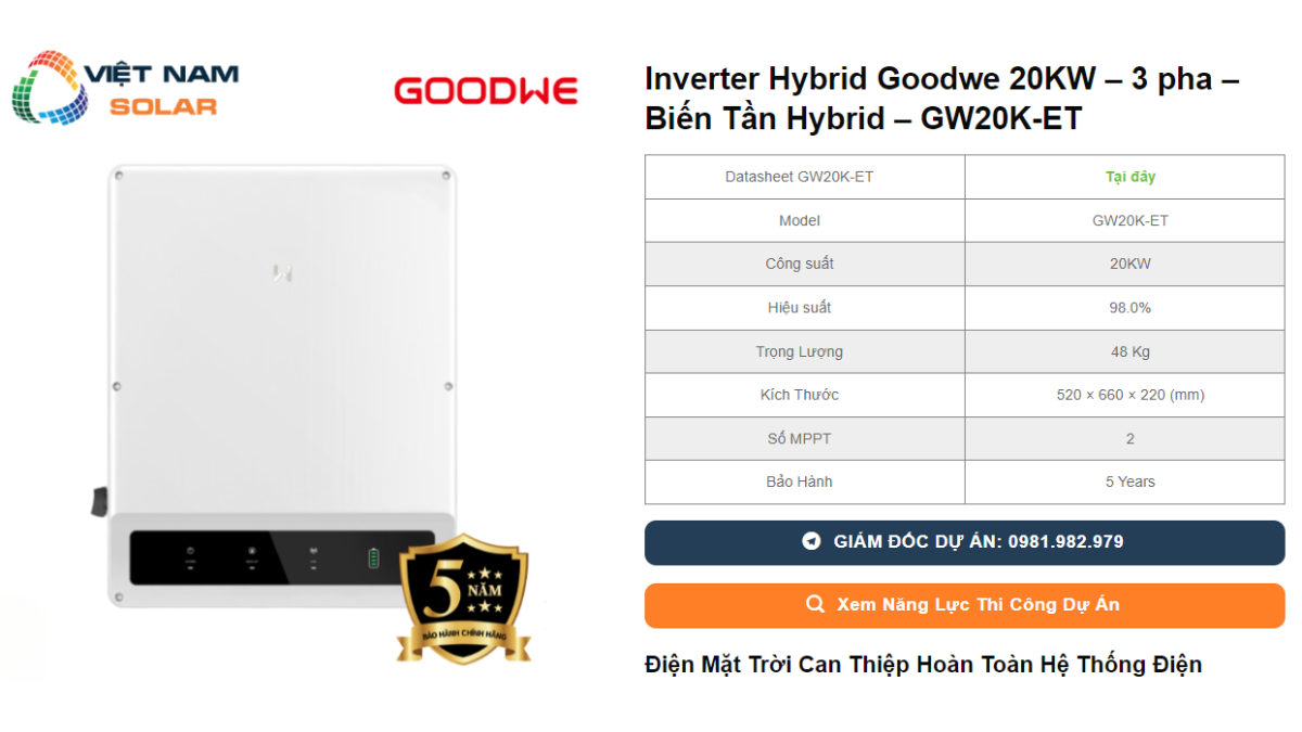 Inverter Hybrid Goodwe 20KW – 3 pha – Bien Tan Hybrid – GW20K ET
