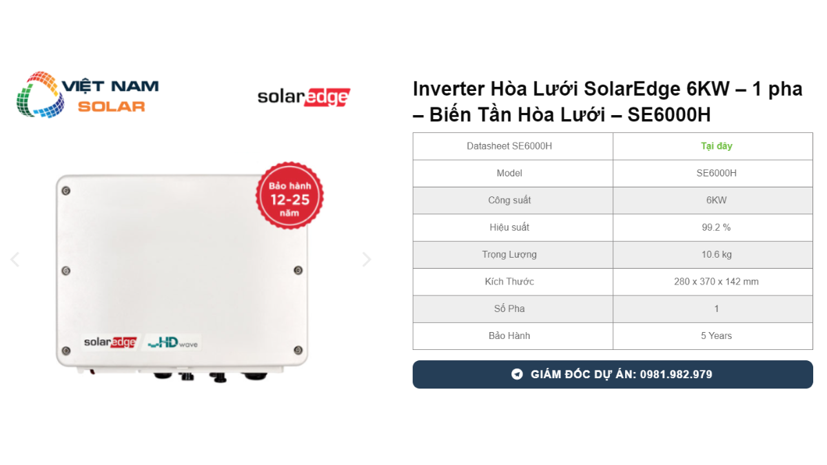 Inverter SolarEdge 6KW – 1 pha – Bien Tan Hoa Luoi – SE6000H 1