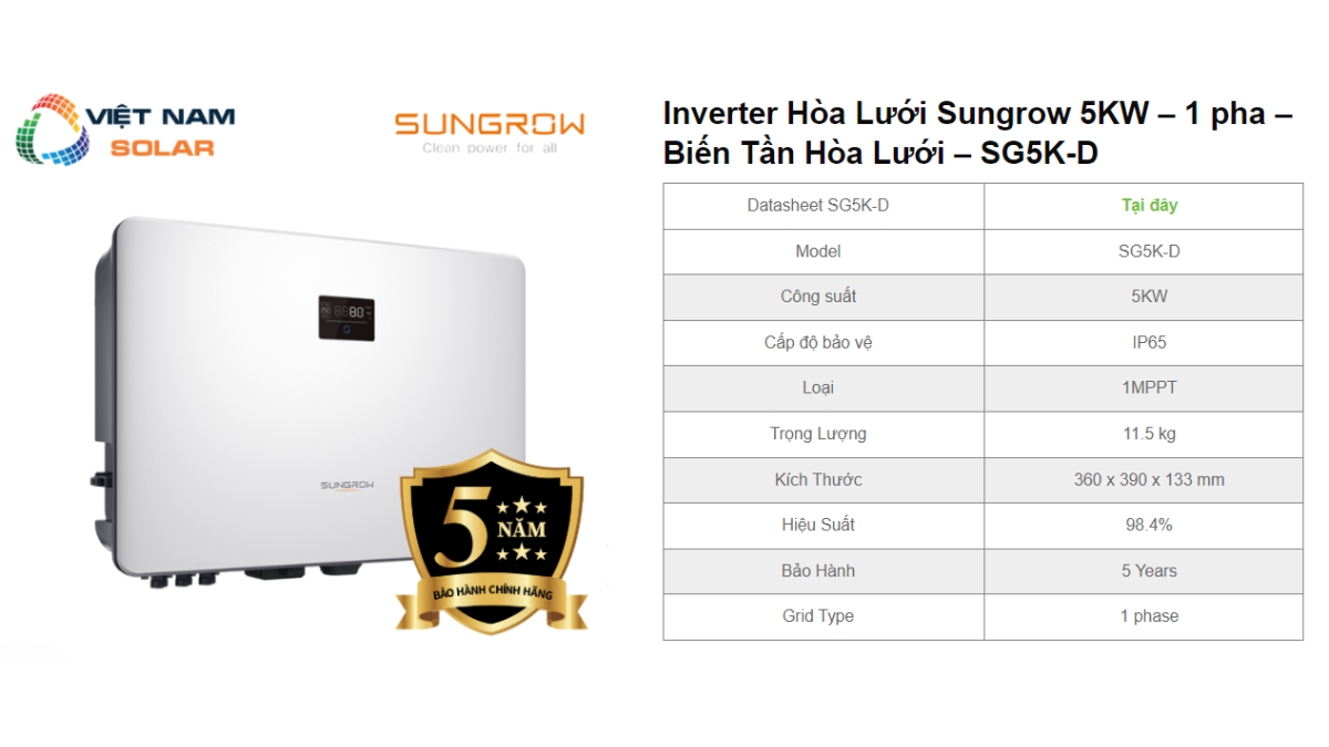 Inverter Hòa Lưới Sungrow 5KW - 1 pha - Biến Tần Hòa Lưới - SG5K-D 1 Inverter Hoa Luoi Sungrow 5KW – 1 pha – Bien Tan Hoa Luoi – SG5K D