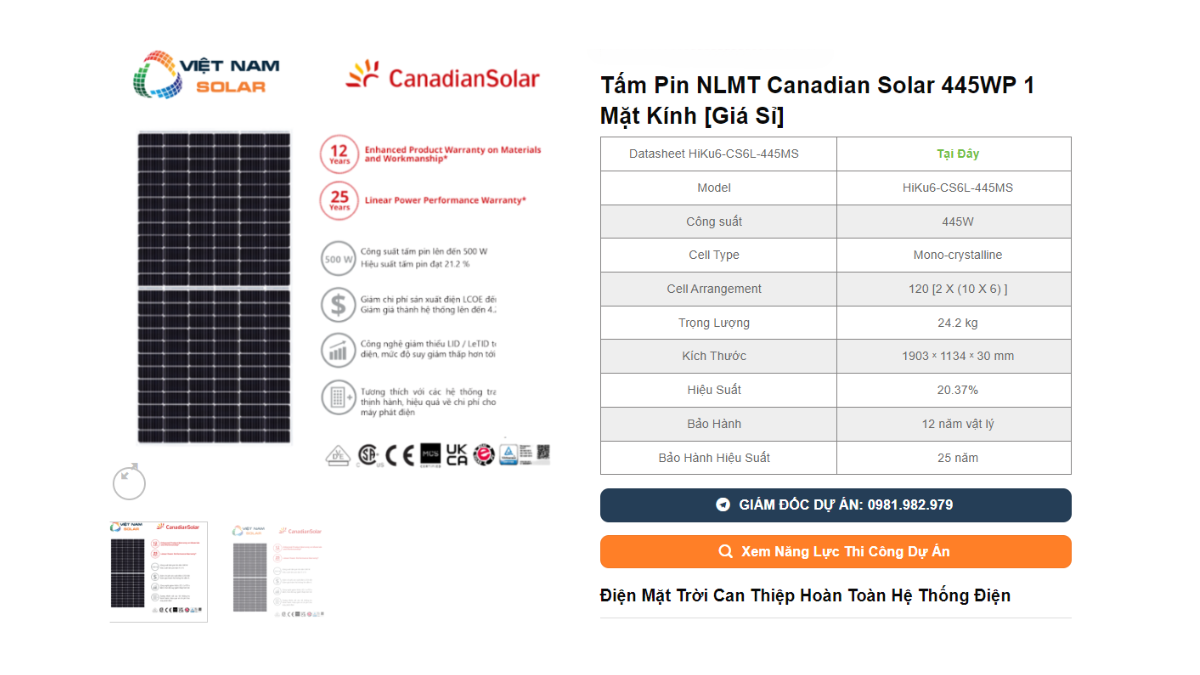 Tam Pin NLMT Canadian Solar 445WP 1 Mat Kinh Gia Si