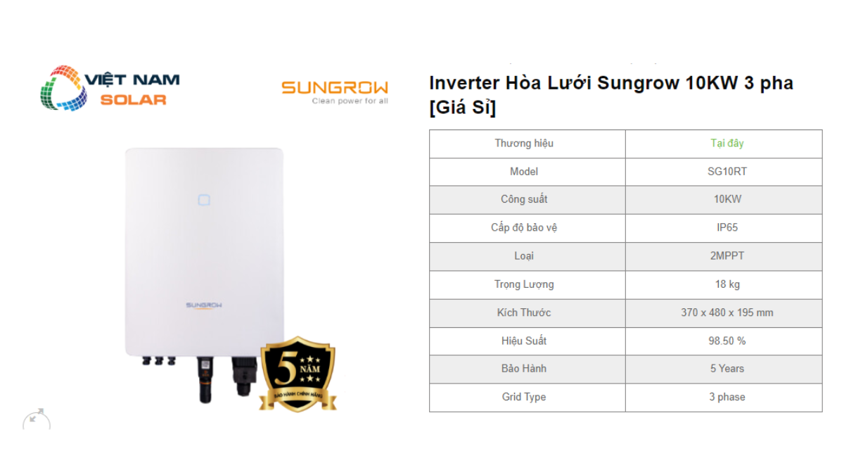 Inverter Hoa Luoi Sungrow 10KW 3 pha bia
