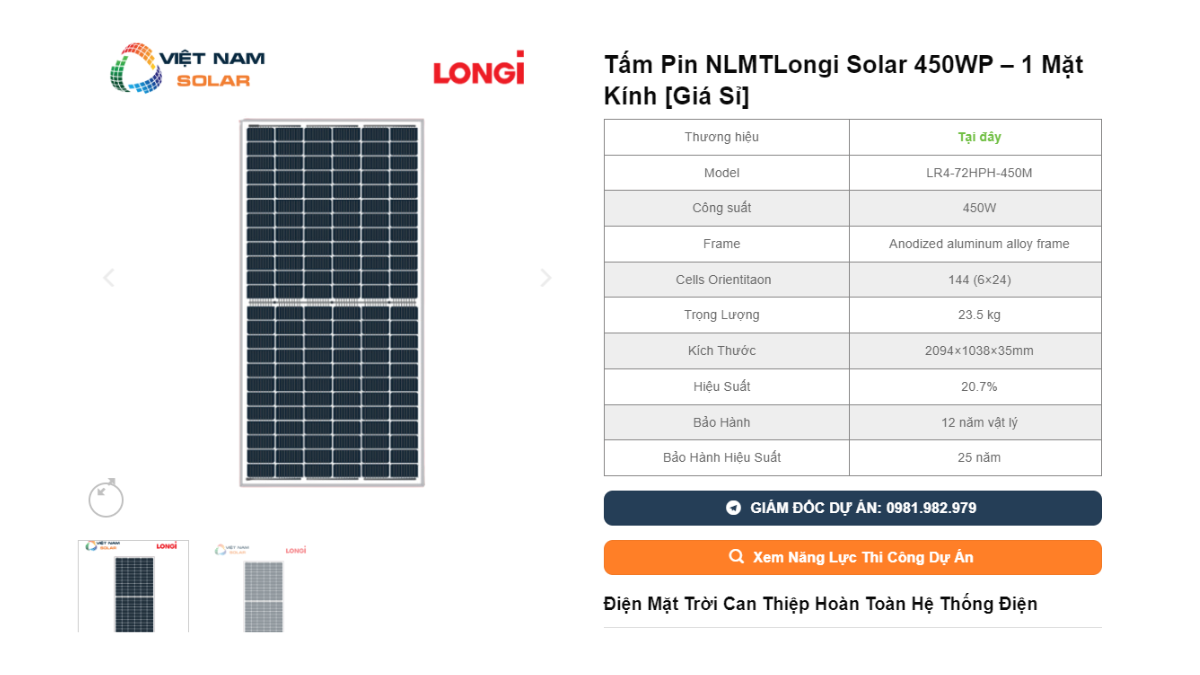 Tam Pin NLMTLongi Solar 450WP – 1 Mat Kinh Gia Si