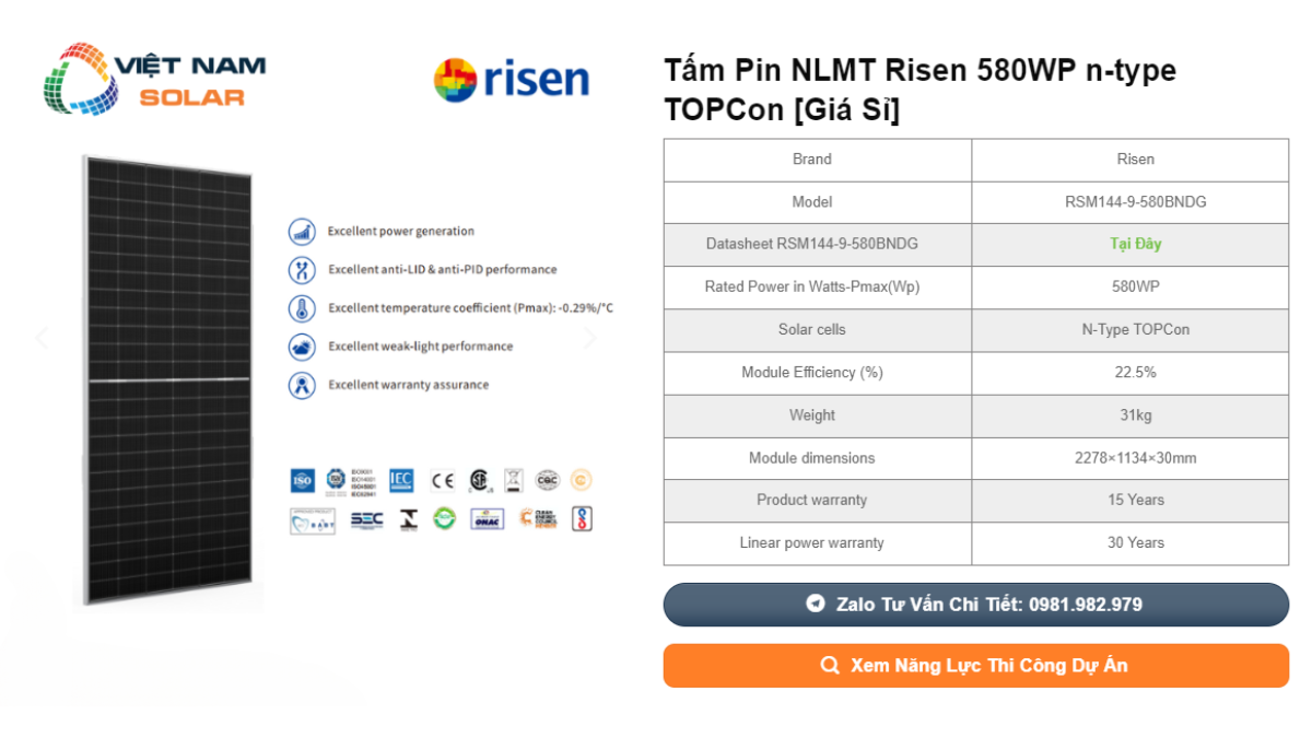 Tam Pin NLMT Risen 580WP n type TOPCon Gia Si