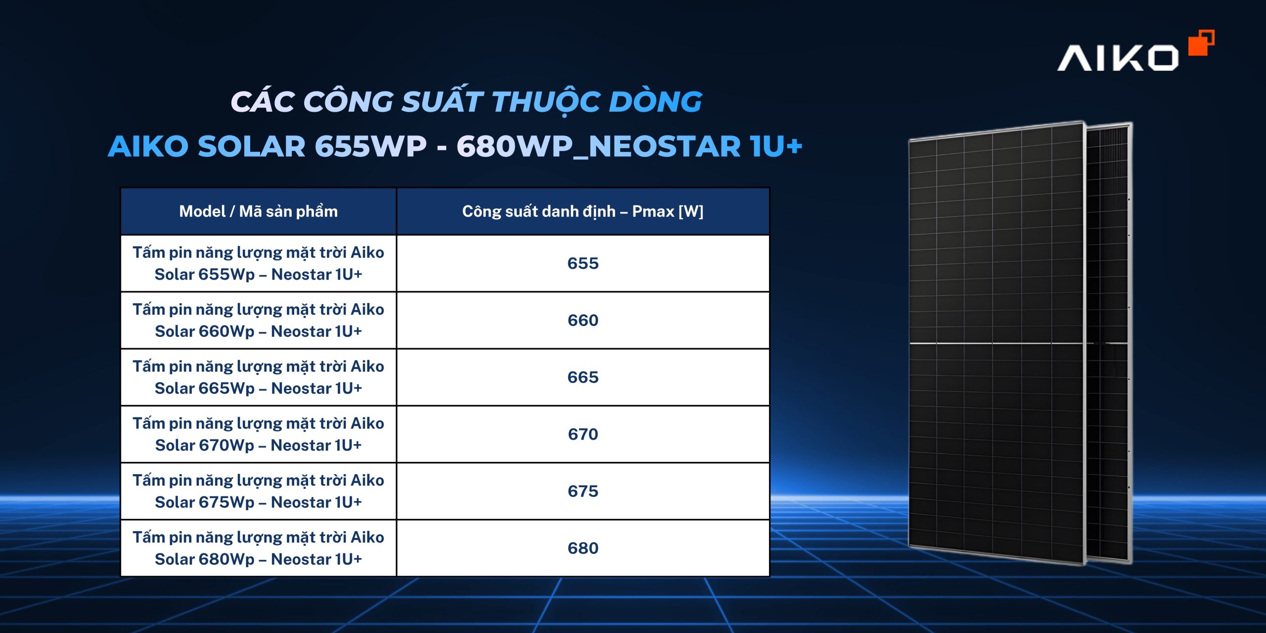 Tấm pin năng lượng mặt trời Aiko 660Wp - Neostar 1U+ 1 tam pin nang luong mat troi aiko solar 640wp comet 2u 5 scaled