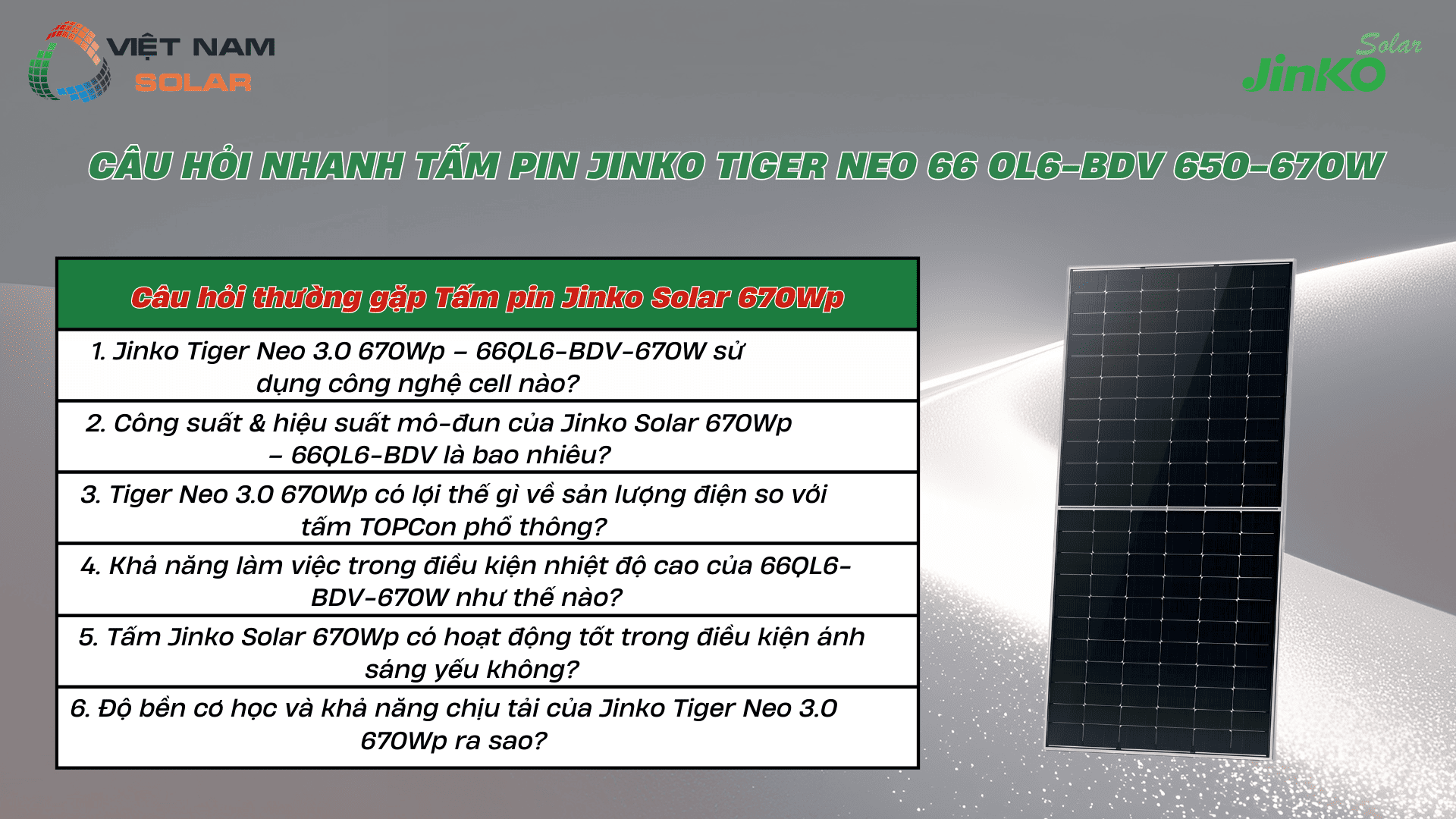 Tấm Pin Năng Lượng Mặt Trời Jinko Solar 670Wp - Tiger Neo 3.0 4 Cau hoi nhanh Tam pin jinko TIGER NEO 66 OL6 BDV 650 670w 1