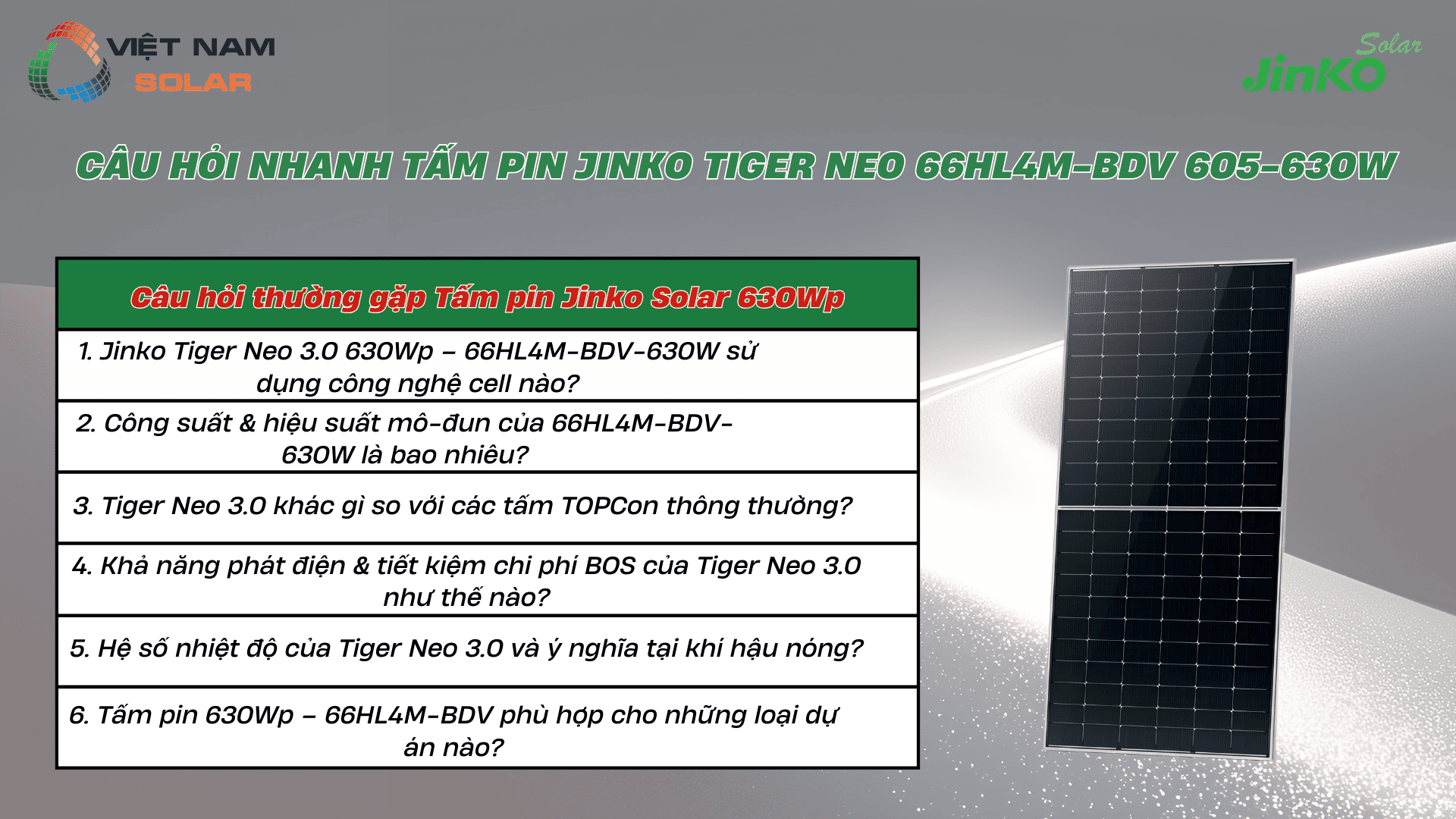 Tấm Pin Năng Lượng Mặt Trời Jinko Solar 630Wp - Tiger Neo 3.0 4 Cau hoi nhanh Tam pin jinko TIGER NEO 66HL4M BDV 605 630w 1