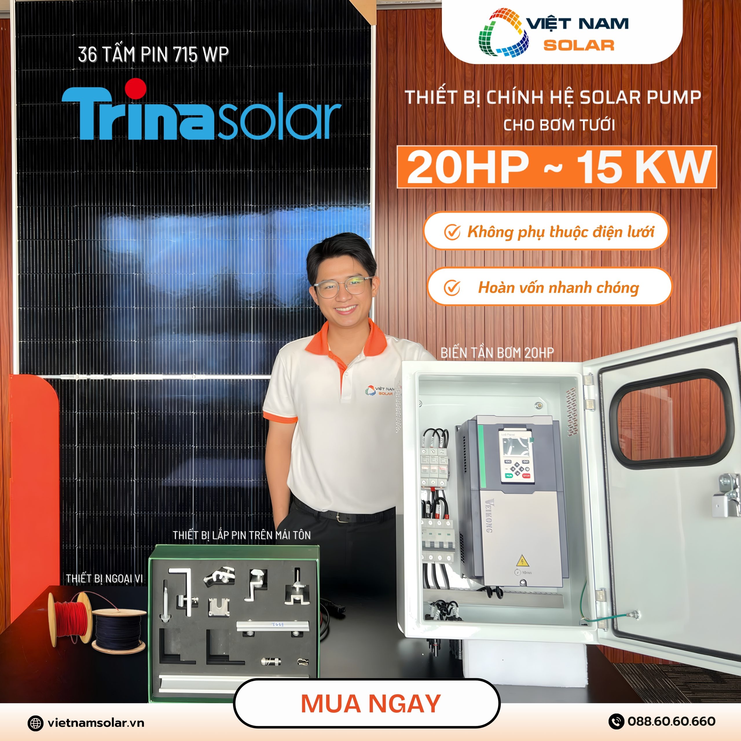 Combo Bơm Nước Năng Lượng Mặt Trời Cho Máy Bơm Công Suất 20HP – 15kW 1 bien tan bom 20 hp scaled