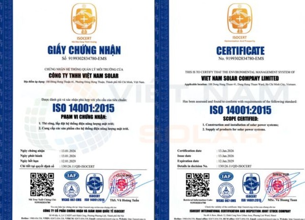 Chứng nhận ISO 14001:2018 của Việt Nam Solar