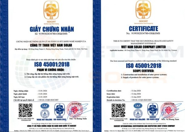 Chứng nhận ISO 45001:2018 của Việt Nam Solar