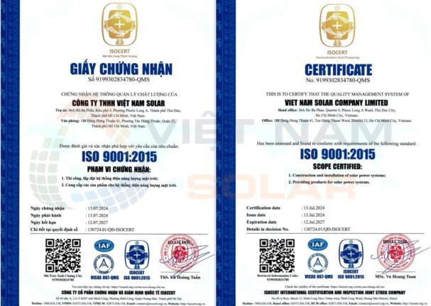 Chứng nhận ISO 9001:2015 của Việt Nam Solar